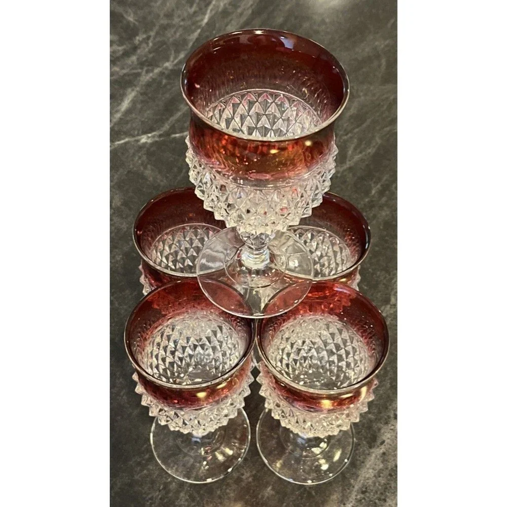 VNTG set of 5 Diamond Point & Ruby Red Flash Water Wine Goblets  Indiana Glass